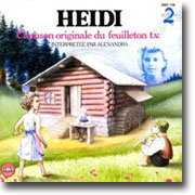 Pochette du 45 tours ditribu en France montrant dessin du grand-pre assis devant son chalet, Peter assis dans l'herbe et Heidi qui vient vers lui. Un portrait bleut de la chanteuse Alexandra est insre dans le ciel