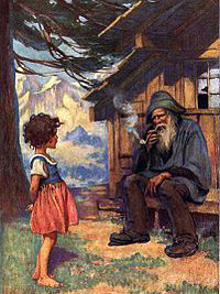 Illustration de Heidi et de son grand-pre fumant la pipe devant le chalet